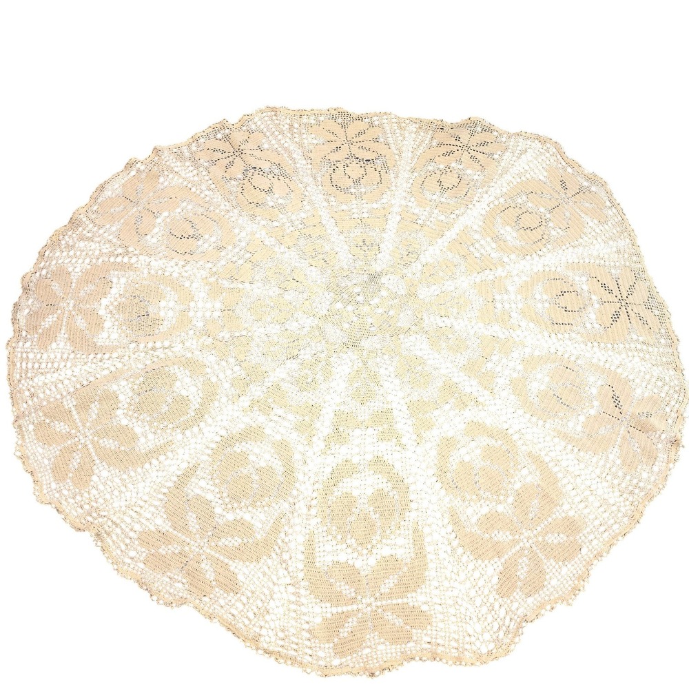 Vintage Handmade Crochet Round Tablecloth 54 Inch Cream Lace Floral Victorian
